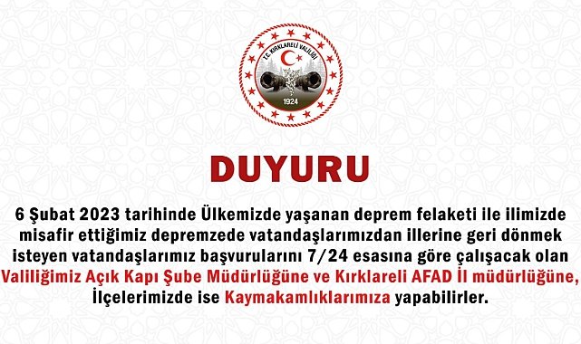 Valilik’ten İllerine Dönmek İsteyen Depremzedelere Duyuru